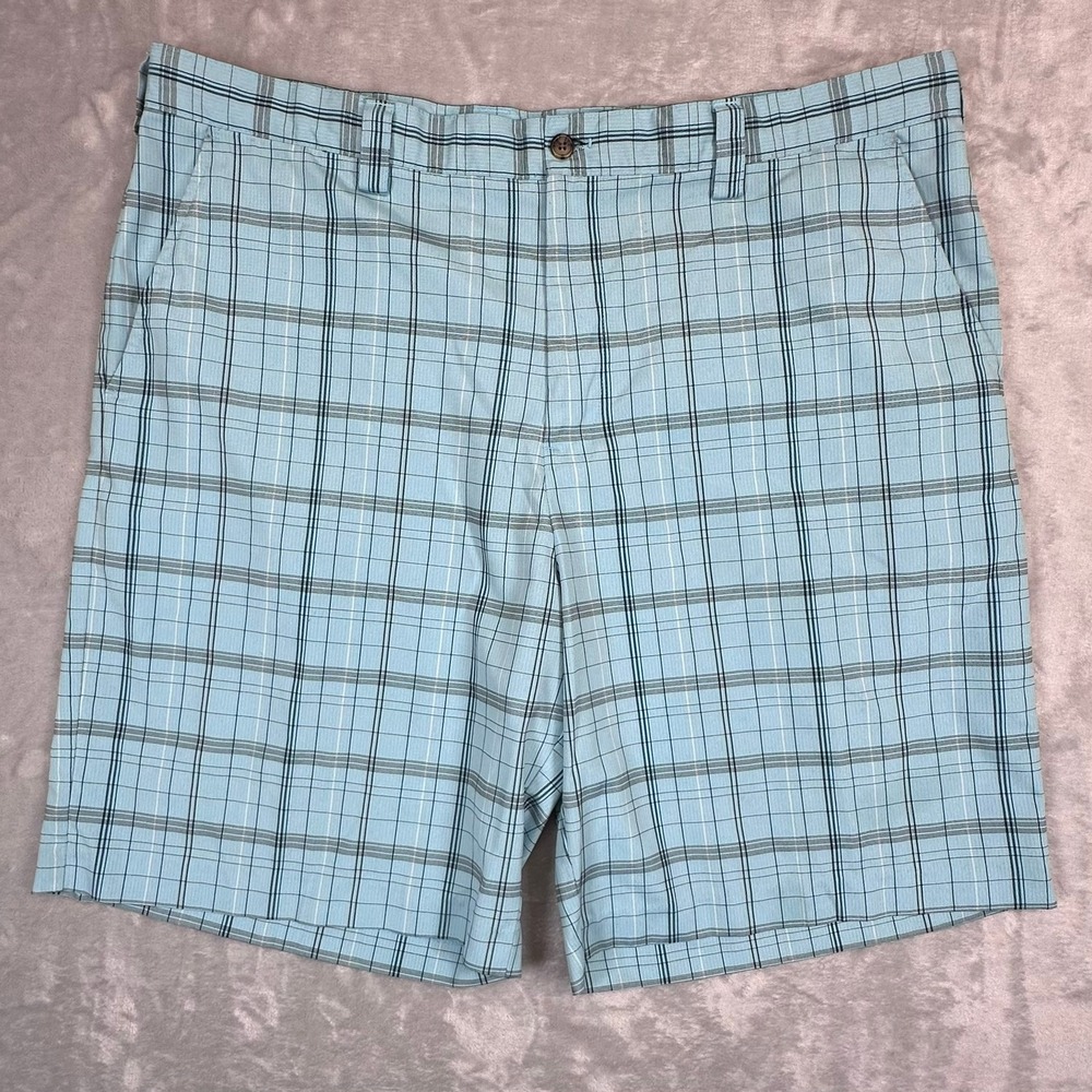 IZOD Perform X Mens 40 Blue Plaid Golf Shorts Flat Front Casual Wicking Stretch